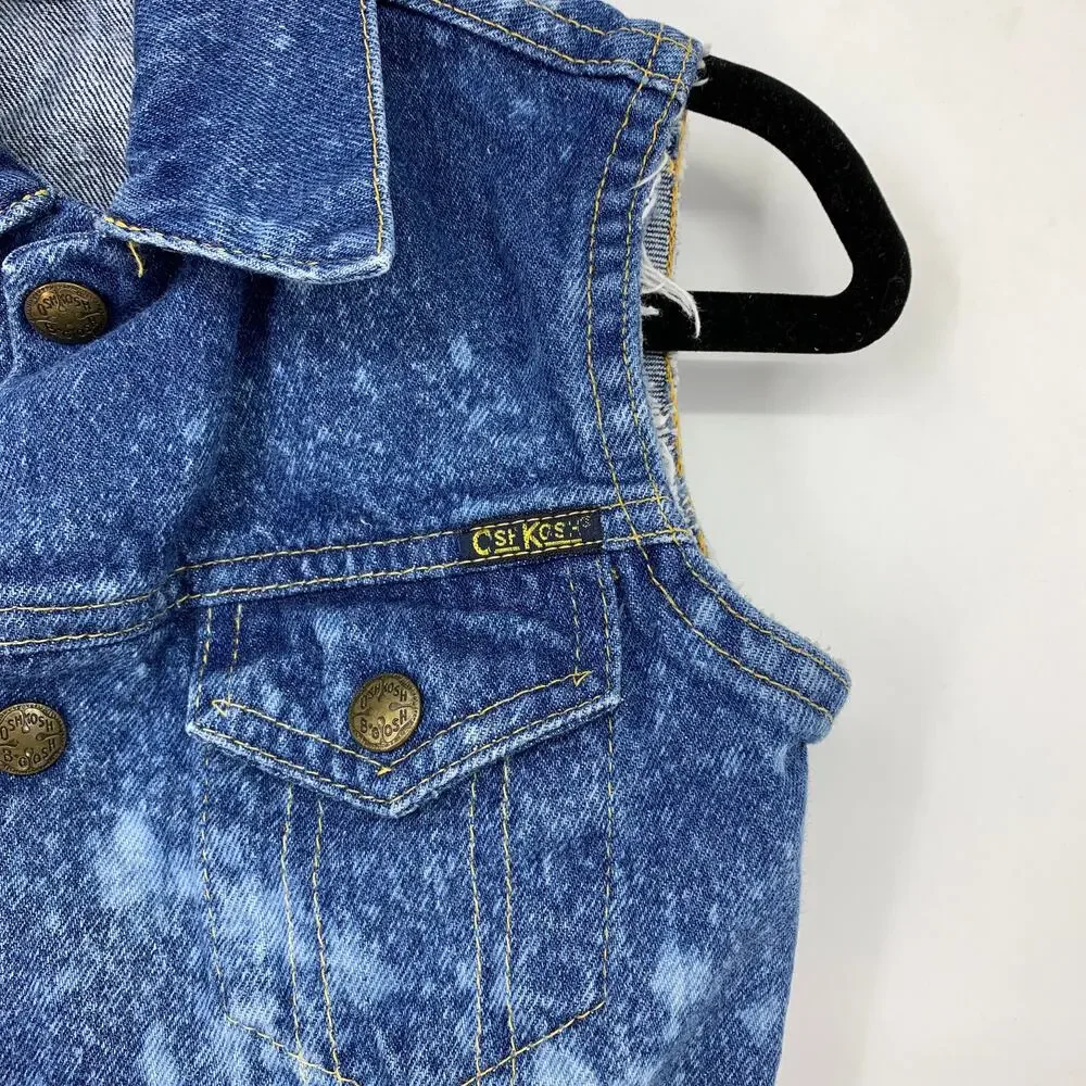 VTG OshKosh B'Gosh Kids Sz 5 Denim Vest Jacket Blue Bleach Distressing